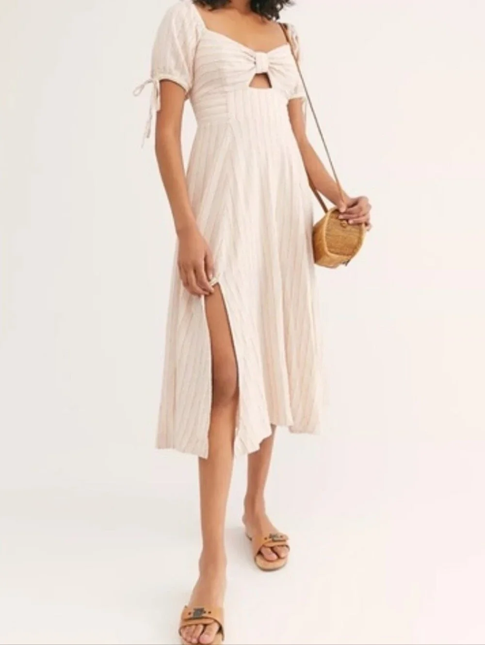 Free People Sunshine Eyes Linen Midi Dress Cream Stripe Puff-Sleeve Size XS